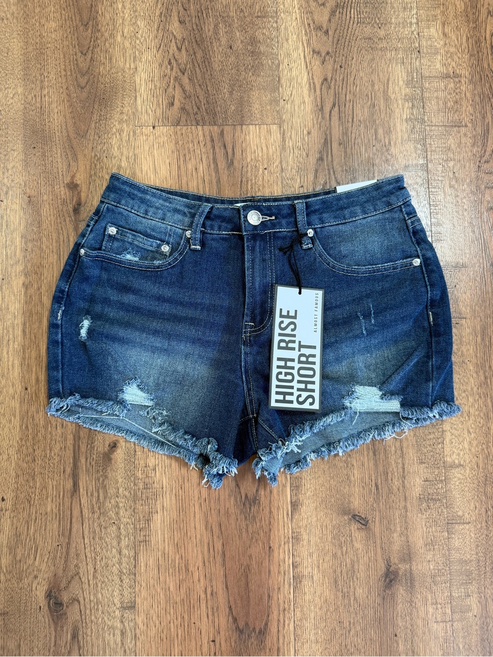 ALMOST FAMOUS High Rise Dark Wash Blue Distressed Cutoff Denim Shorts size 7
